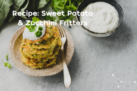 Recipe: Sweet Potato and Zucchini Fritters. Stack of fritters on a plate, with a fork garnished with yoghurt and spring onions