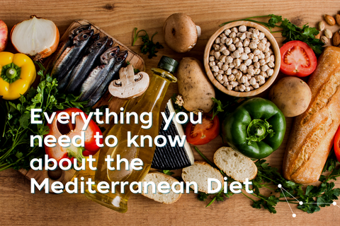 Everything you need to know about the Mediterranean Diet, Image containing vegetables, legumes, bread, fish and olive oil - a traditional Mediterranean Diet