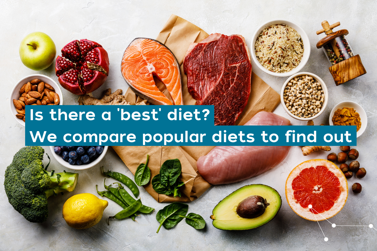 Health foods all laid out on display featuring broccoli, lemon, avocado, chicken, grapefruit, beef, salmon, nuts, seeds, whole grains, apples, pomegranate